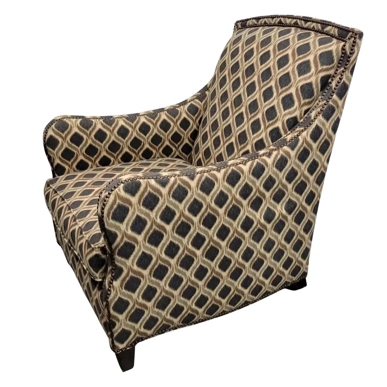 Bernhardt Portfolio Transitional Club Chairs in Navy & Tan Geometric Upholstery — Pair