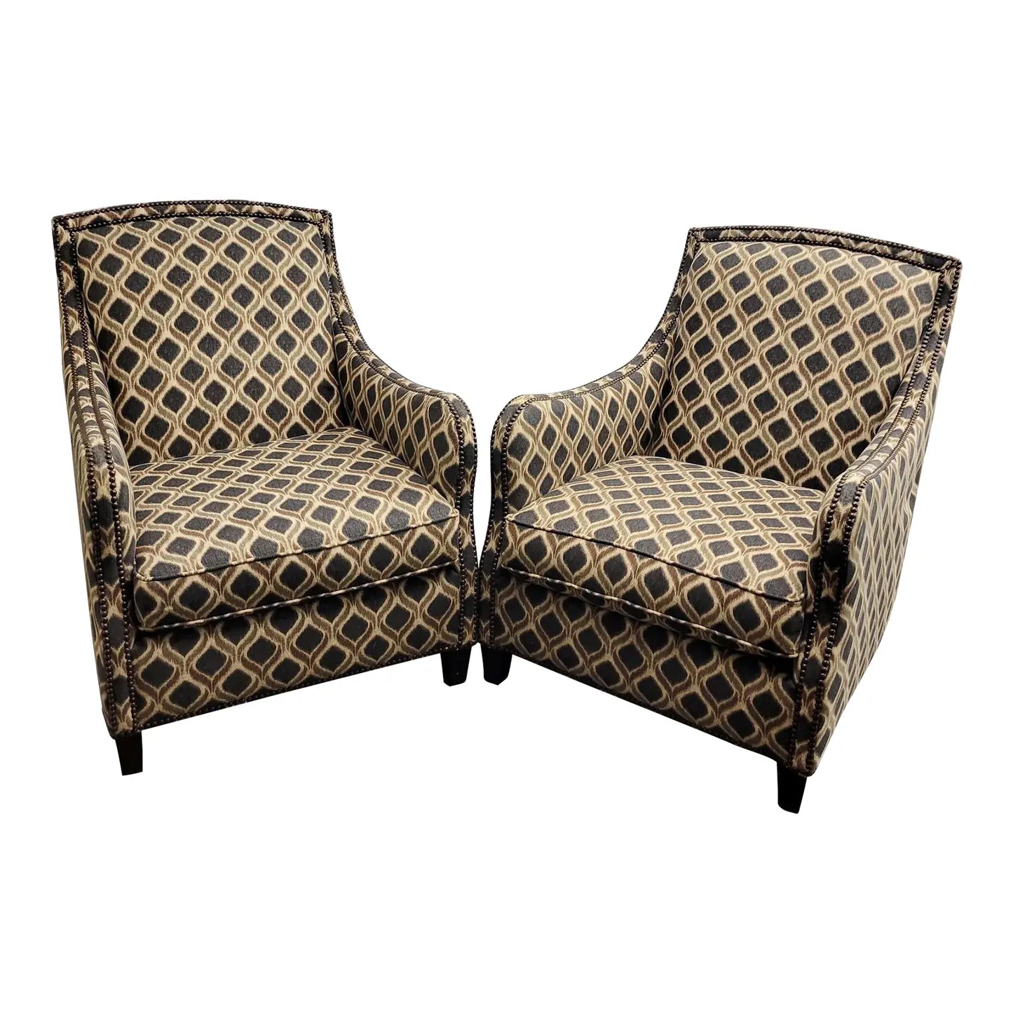 Bernhardt Portfolio Transitional Club Chairs in Navy & Tan Geometric Upholstery — Pair