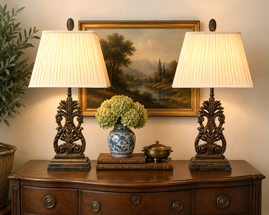 French Regency Style Carved Wood Table Lamps With Marble Bases & Pleated Shades — Pair