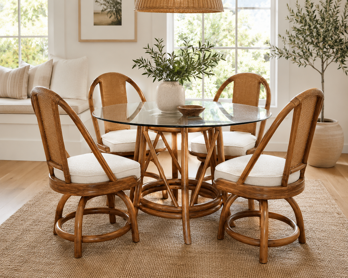 Vintage Organic Modern Rattan Dining Set with Four Swivel Chairs