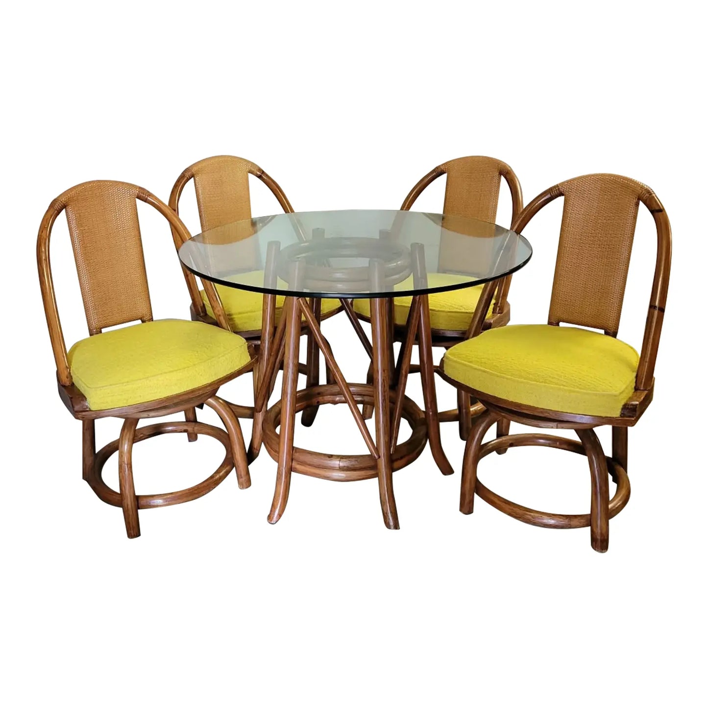 Vintage Organic Modern Rattan Dining Set with Four Swivel Chairs
