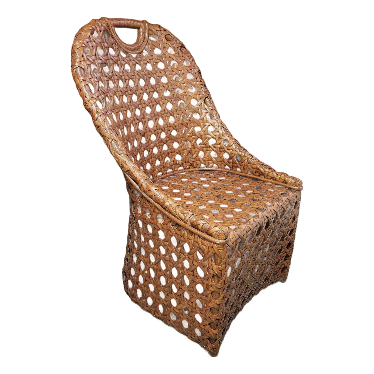Vintage Basketweave Rattan Lounge Chair with Sculptural Handled Back, 1970s